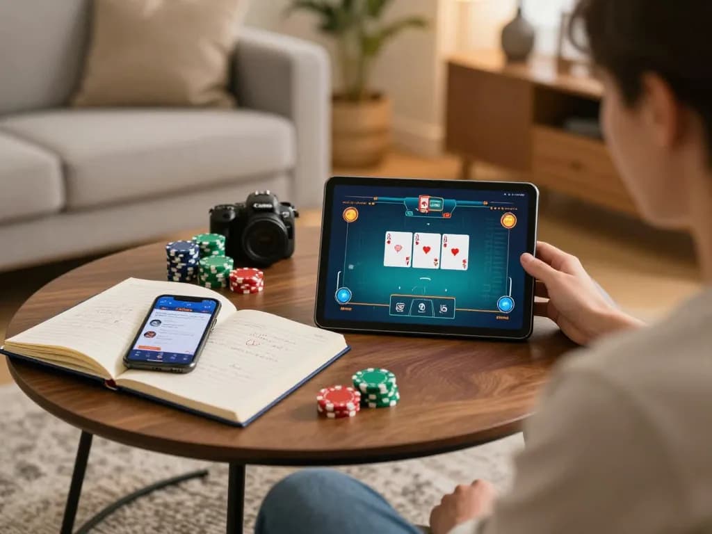Engaging in online poker gaming with MAX88 on a tablet, showing cards and chips in a cozy home setting