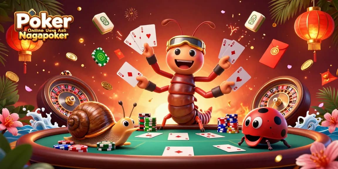 Poker Online Uang Asli Nagapoker showcases a vibrant 3D cartoon scene of a lively poker game.