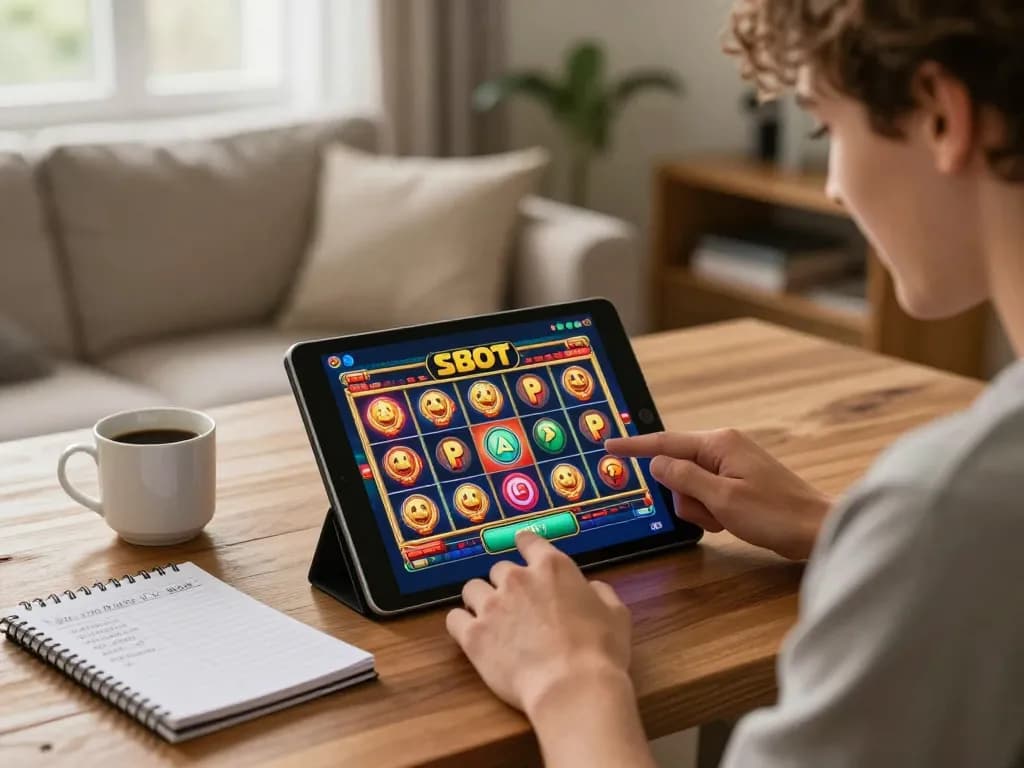 Player enjoying a slot game on 988slot, with tablet in cozy home setting and strategic notes nearby.