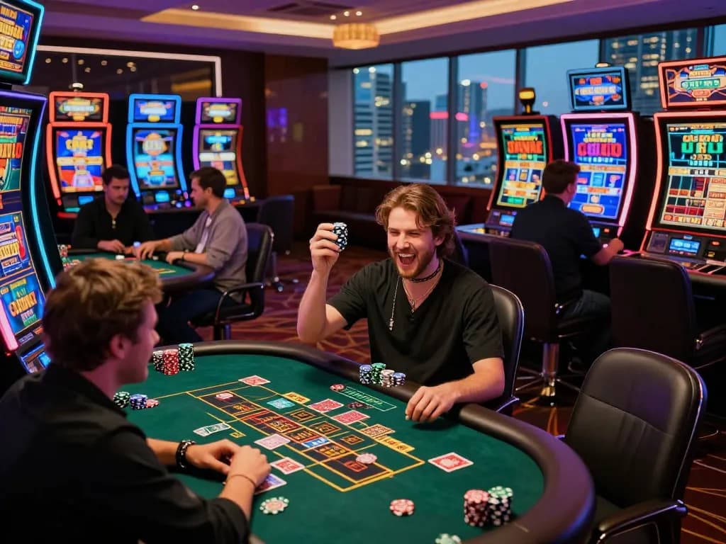 Exciting gaming environment at trang chủ cwin with players at luxurious casino tables celebrating wins, vibrant slot machines and city skyline.