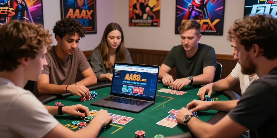 Friends enjoying online gaming at a table with AA88.com displayed on laptop, colorful chips and cards creating a lively atmosphere.