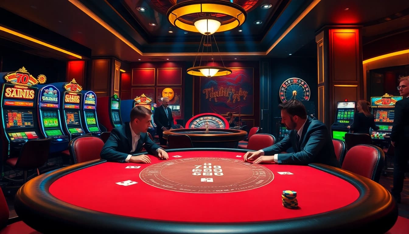 Exciting gaming action at 789pa.in.net's bustling casino, featuring poker and slot machines.