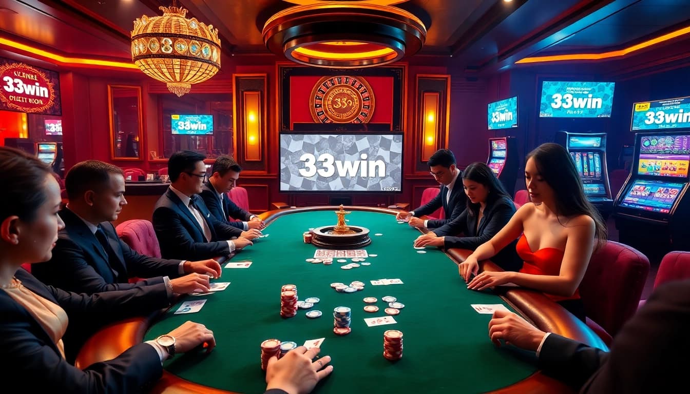 Players engaged in a high-stakes poker game at 33win, showcasing excitement and strategy.
