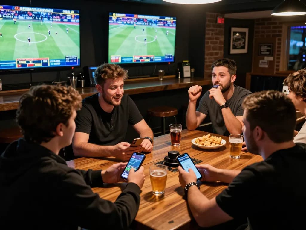 Friends placing sports bets on 888NEW app at home bar during live game, showcasing thrilling gambling experience