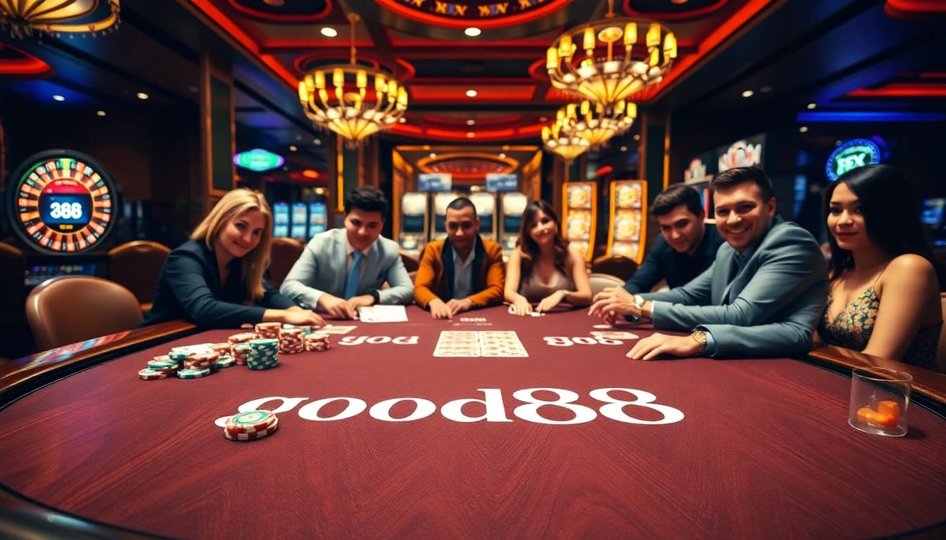 Engage with good88 excitement at a vibrant casino, showcasing poker, roulette, and luxury.