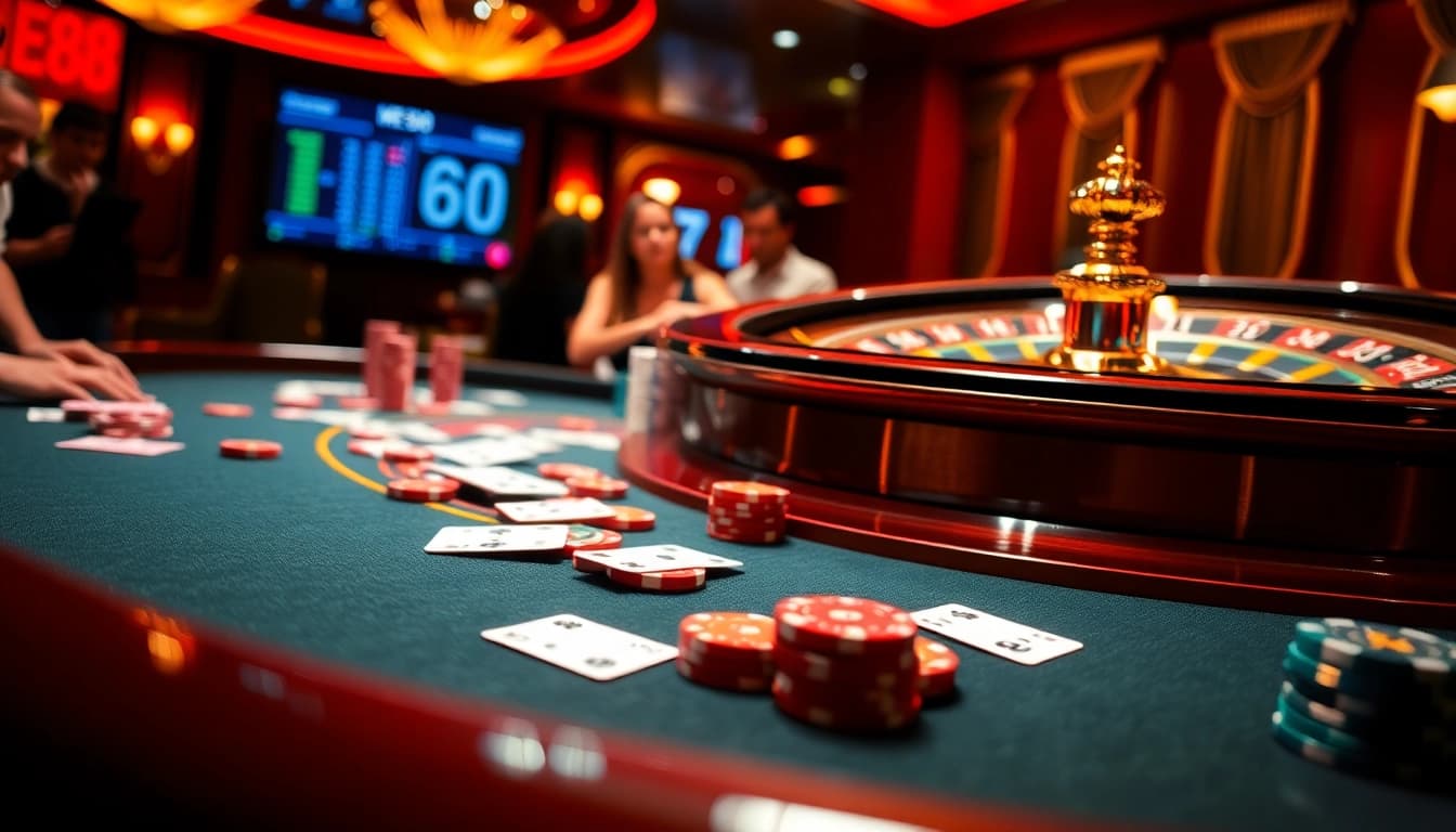 High-stakes gaming at ME88 casino with vibrant tables and excited players.