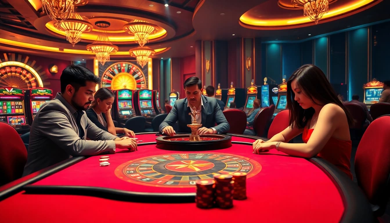 Para pemain merencanakan strategi di meja kasino, tenggelam dalam kegembiraan taruhan datukwin.