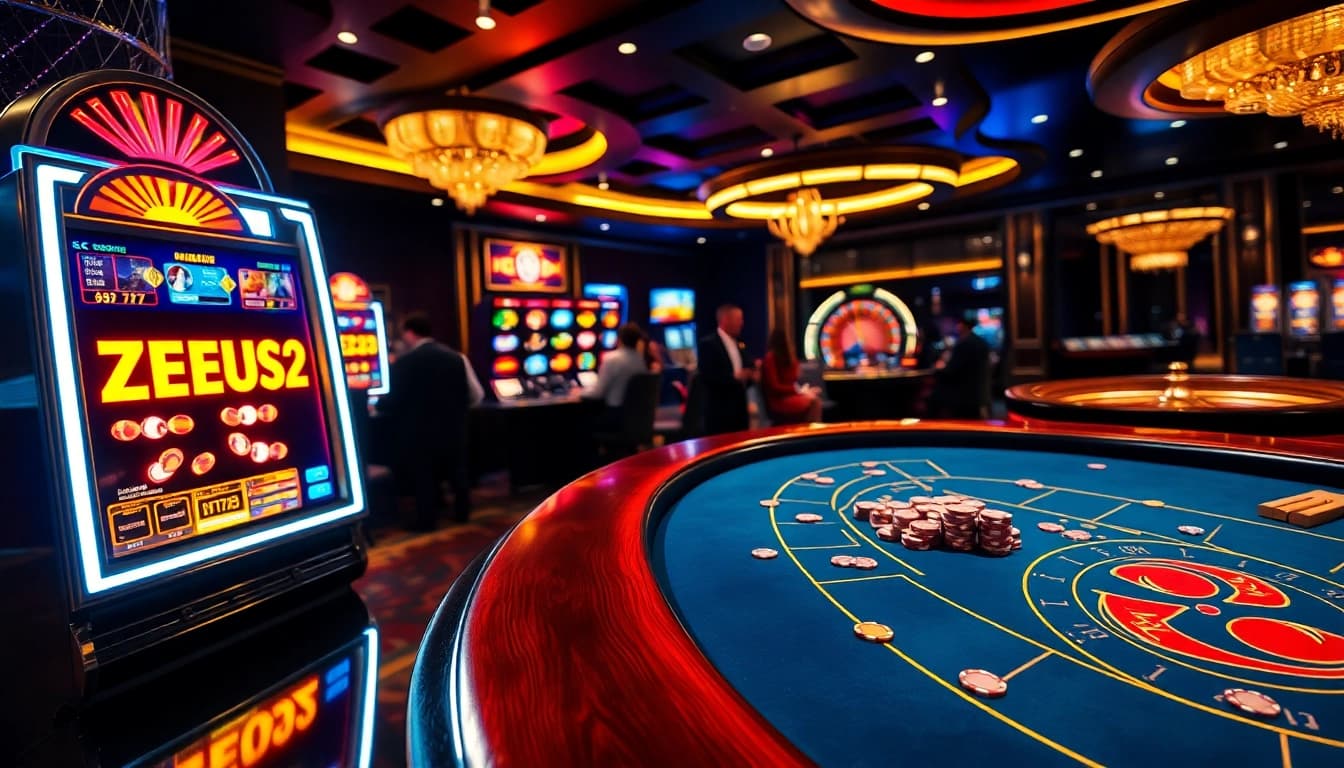 Mesin slot ZEUS222 menerangi suasana kasino yang hidup dengan pemain yang bersemangat.