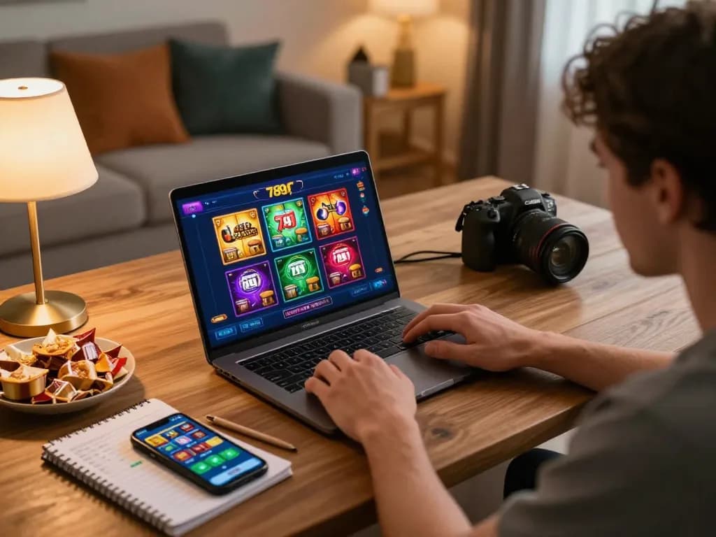 Engaging with 789f online casino games on a cozy home gaming setup, laptop visible with colorful graphics.