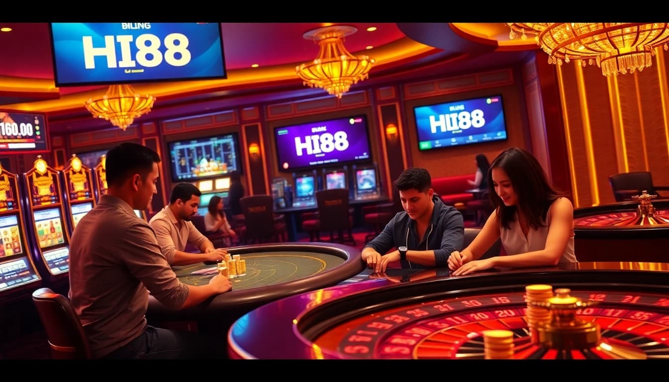 Hi88 casino gaming experience with poker tables and vibrant slot machines.