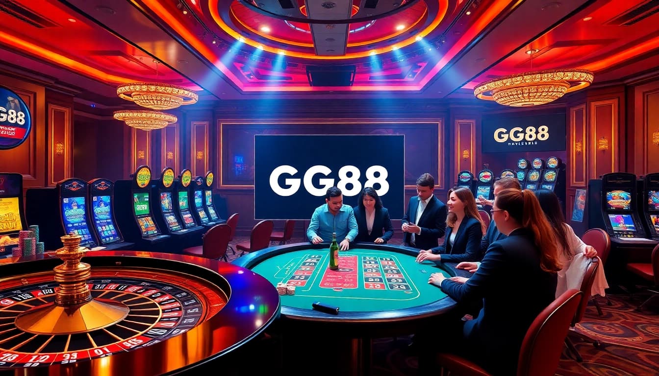 Experience the thrill of online gambling at GG88 with vibrant gaming elements like slot machines and poker tables.
