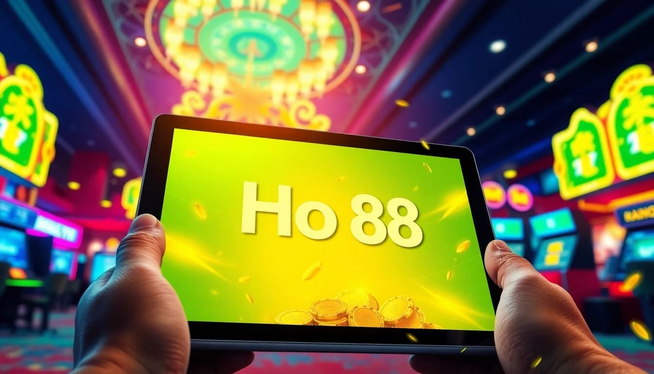 Ho88 online betting platform interface amid a bustling casino setting, symbolizing trust and excitement.