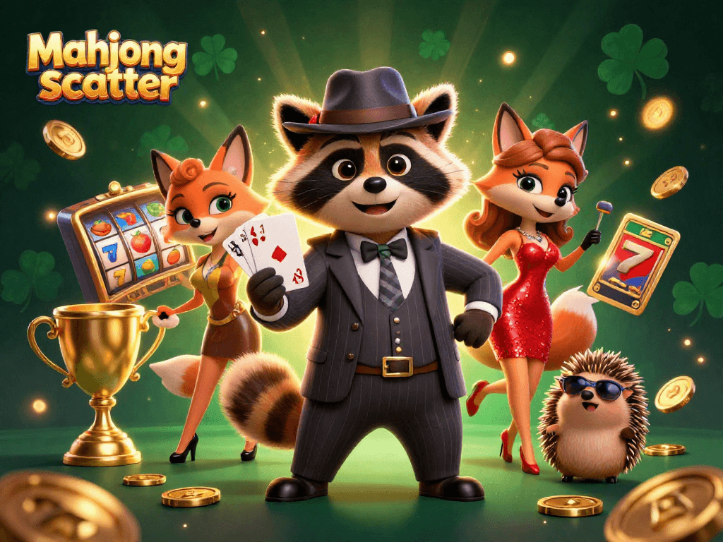 Win big with mahjong scatter in this dynamic casino scene featuring animated characters and slot elements.