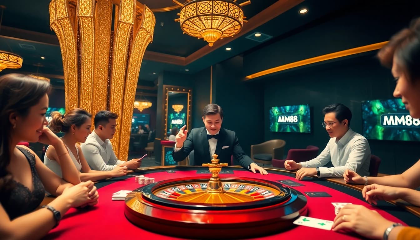 Players engaging with an MM88 casino table game, delightful chips and cards creating excitement.