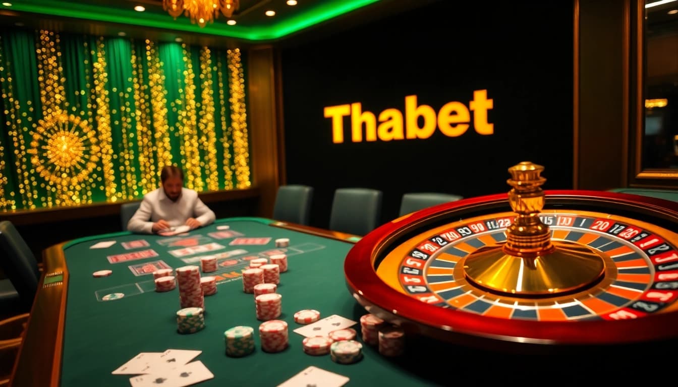 Thabet casino scene showcasing poker players, roulette wheel, and vibrant gaming elements.