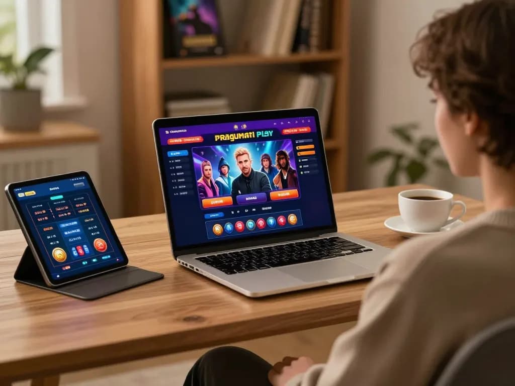 Engaging gameplay on Pragmati Play online casino interface in a cozy home office setting.
