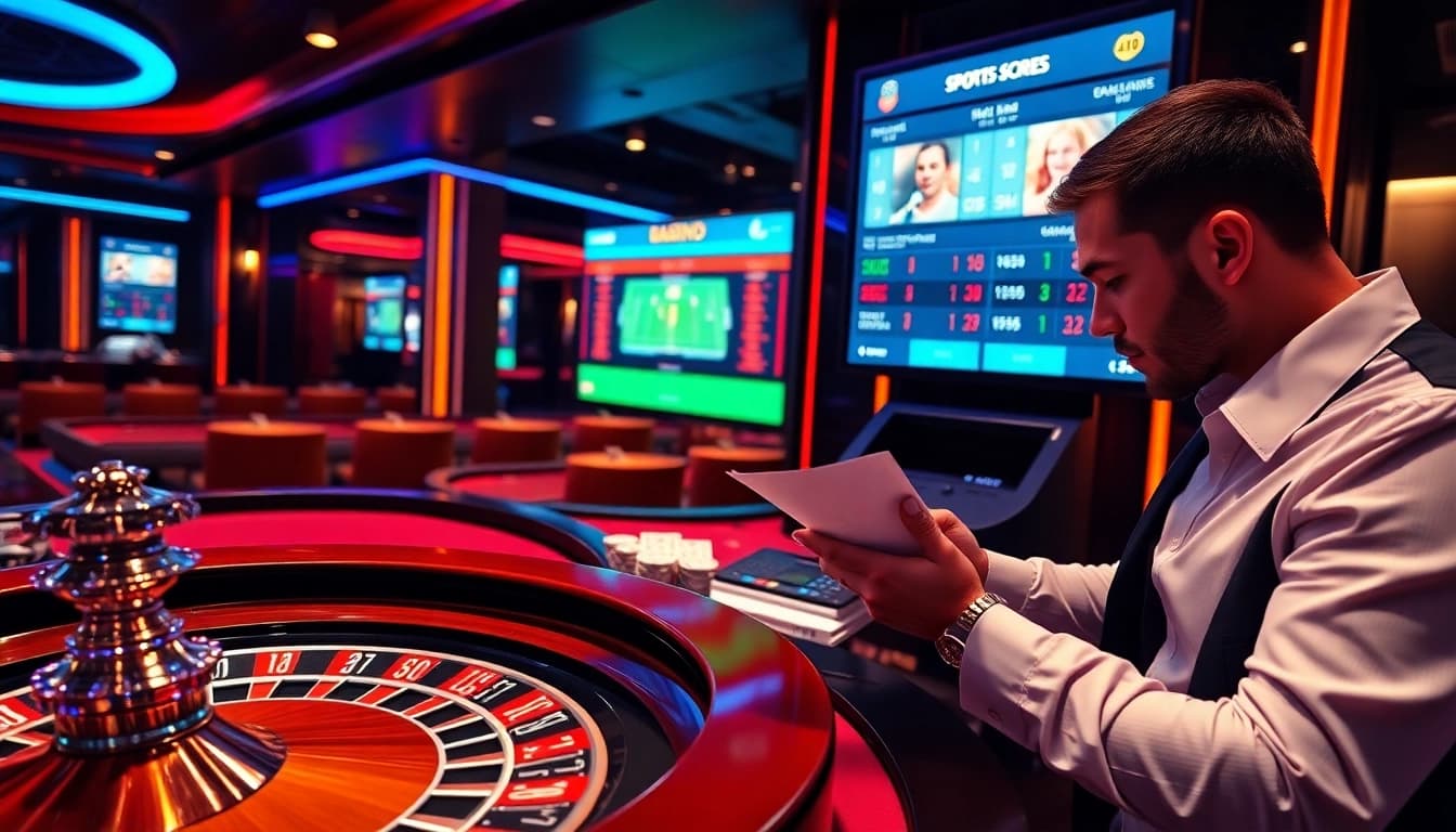 Gambling scene showcasing tỷ số trực tuyến 7m with poker chips and a roulette wheel.