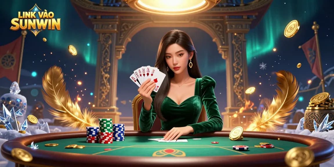 Engage with LINK VÀO SUNWIN by playing cards at a luxury poker table surrounded by dynamic elements.