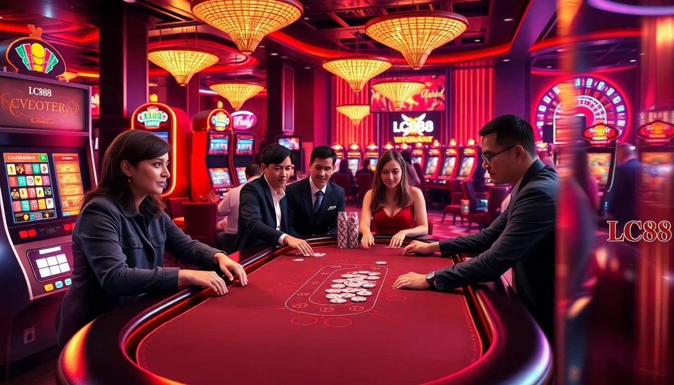 Players enjoying a thrilling poker game at LC88 casino with vibrant slot machines and a luxurious atmosphere.
