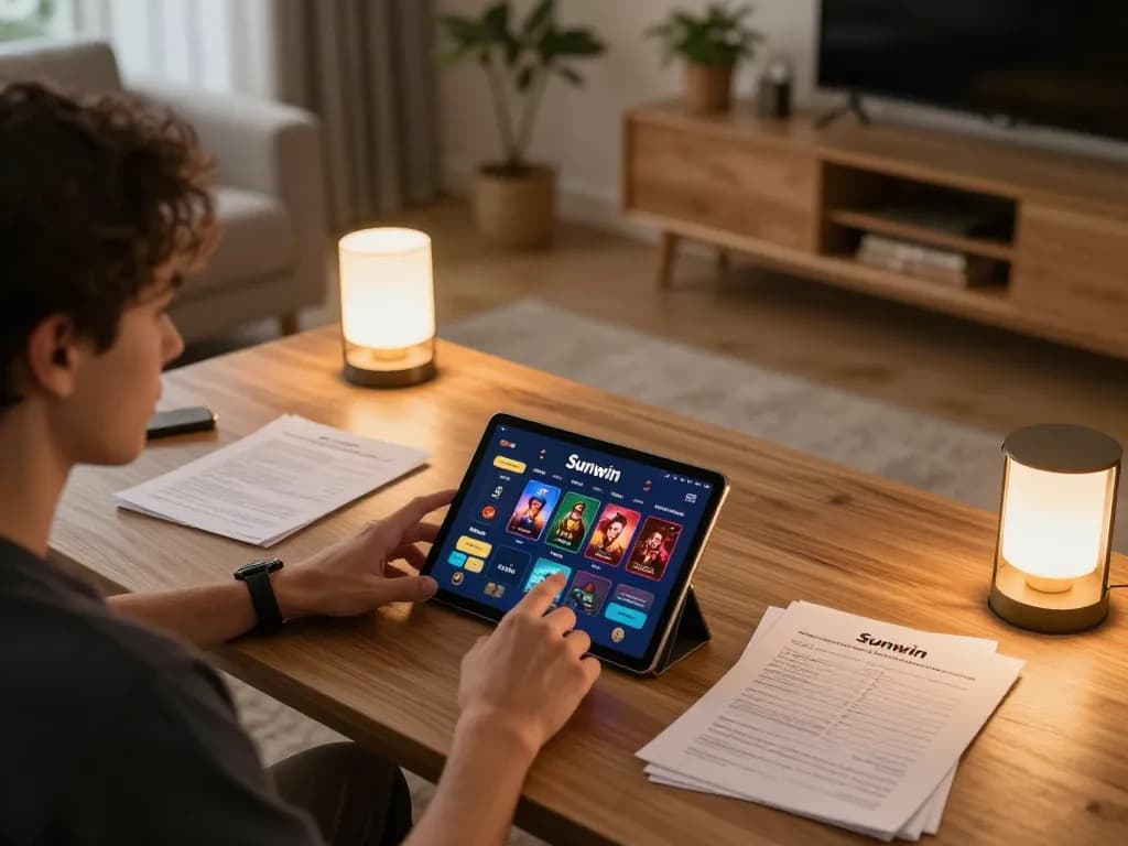 Player engaged with the Sunwin app at home, highlighting mobile gaming strategy and comfort