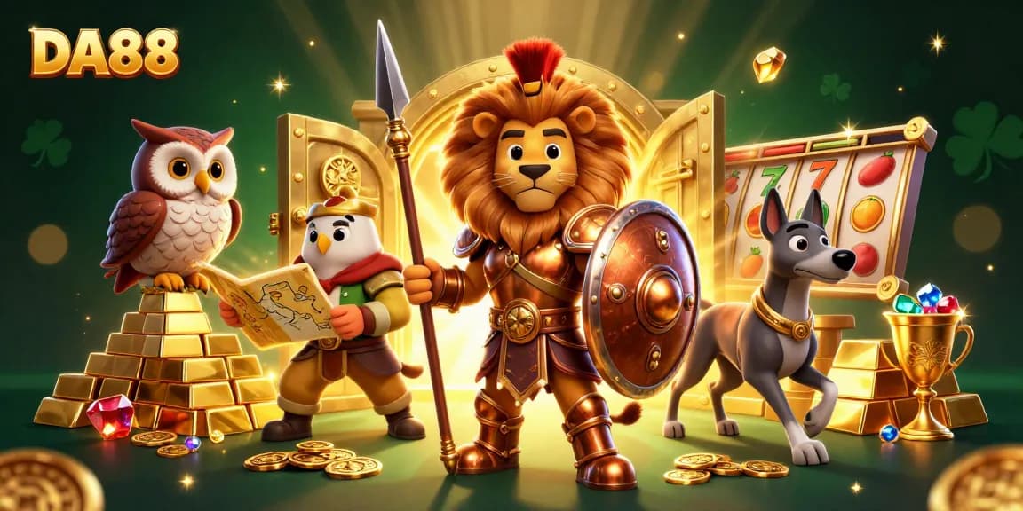 DA88 showcases a vibrant 3D casino scene with characters strategizing for jackpot wins.