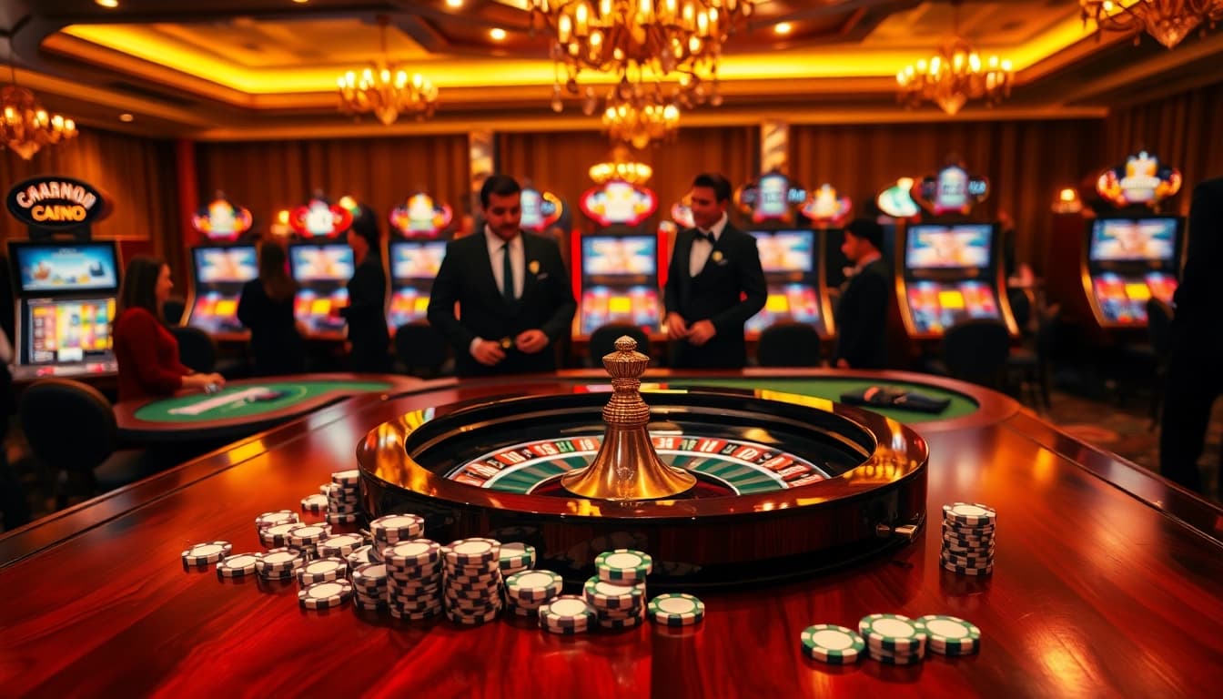 Players enjoying a thrilling game at DF999 casino, showcasing roulette and vibrant slot machines.