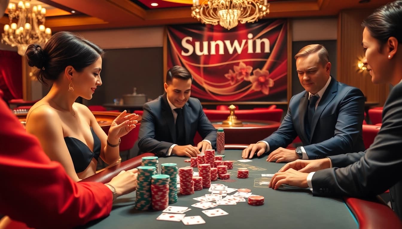 Experience thrilling poker action at Sunwin, with vibrant chips and cards enhancing gameplay.
