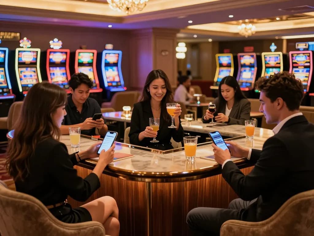 IWIN68 players enjoying a lively casino lounge with drinks while exploring mobile gaming options.