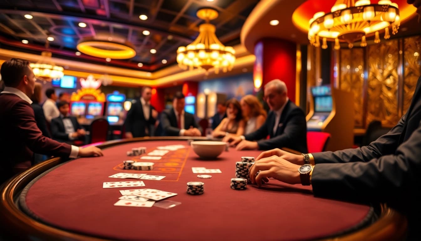 Players engage in an exciting poker game at 89bet, surrounded by casino luxury and vibrant ambiance.