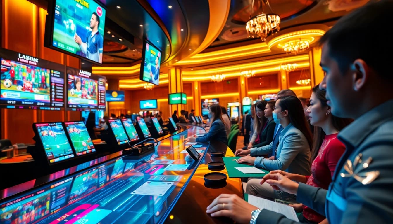 Interactive Agen Judi Bola - Engaging sports betting scene in a luxurious casino setting.