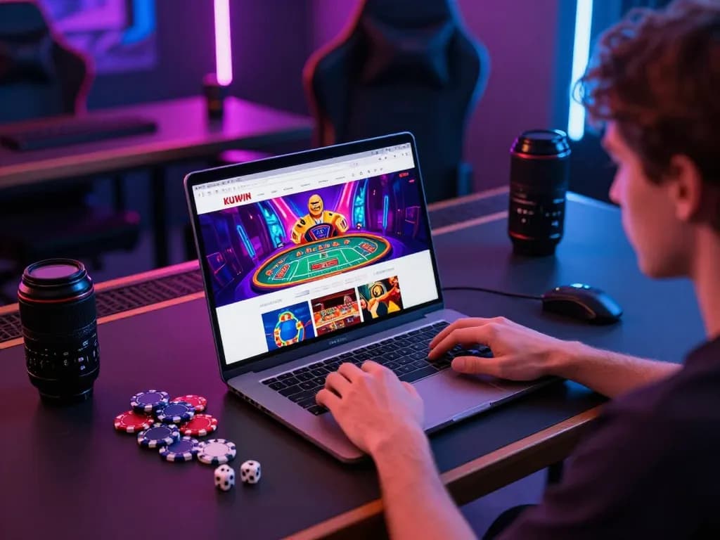 Engaging online gambling scene showcasing kuwin website on laptop amid casino elements