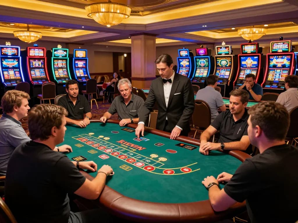 Kuwin 24/7 lively casino scene with players at tables and colorful slot machines, creating an immersive betting atmosphere.