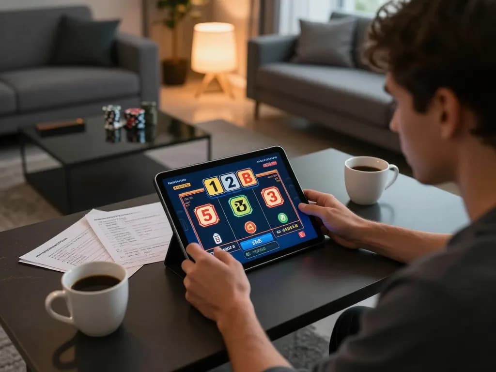 Engaging scene of a player strategizing with the 123B link on their tablet in a cozy living room.