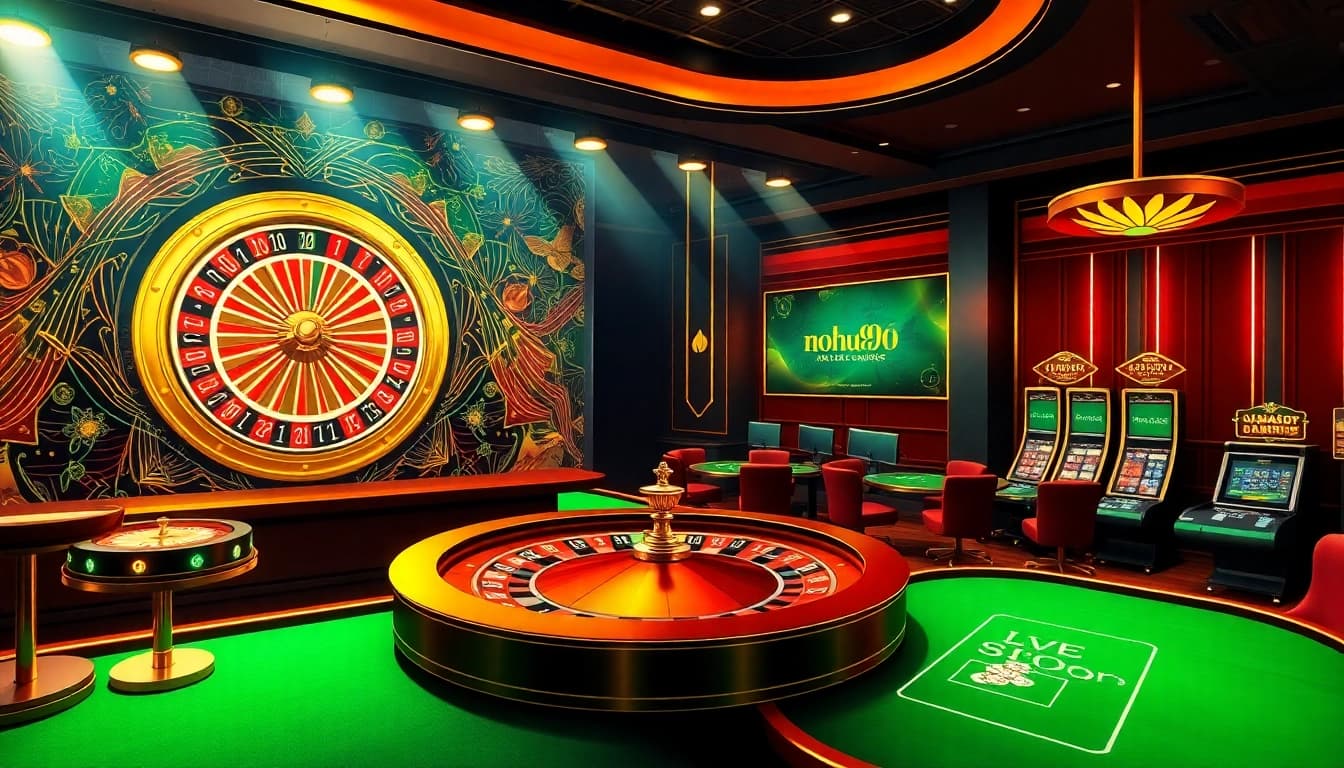 Nohu90 online casino interface showcasing roulette and slot machines for thrilling gameplay.