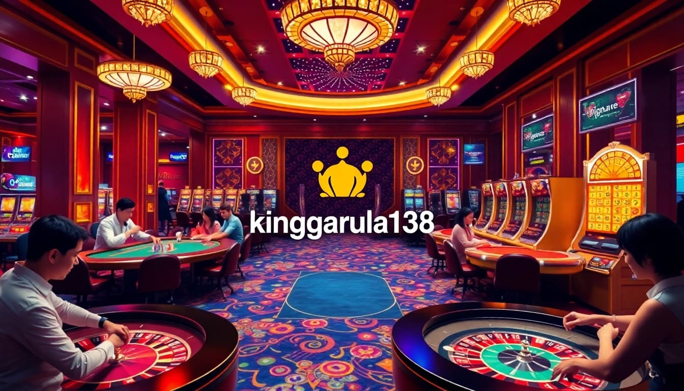 Engage with kinggaruda138 on an elegant casino floor featuring vibrant games and excited players.