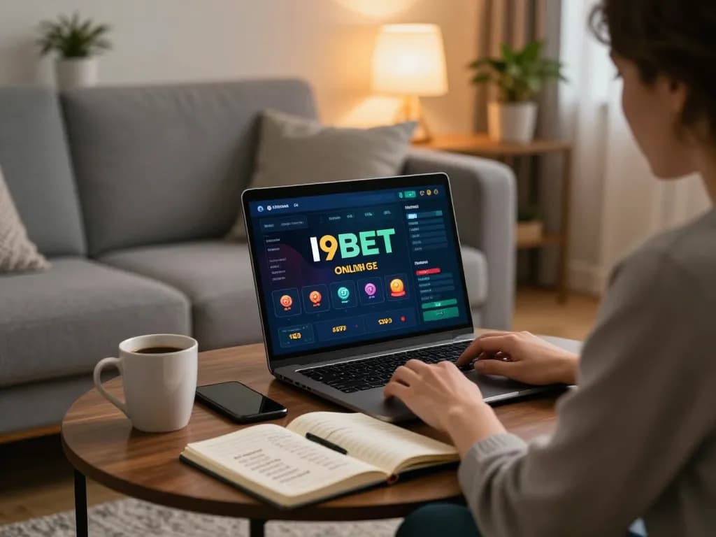 I9BET user engaging in online gaming on a tablet in a cozy living room.