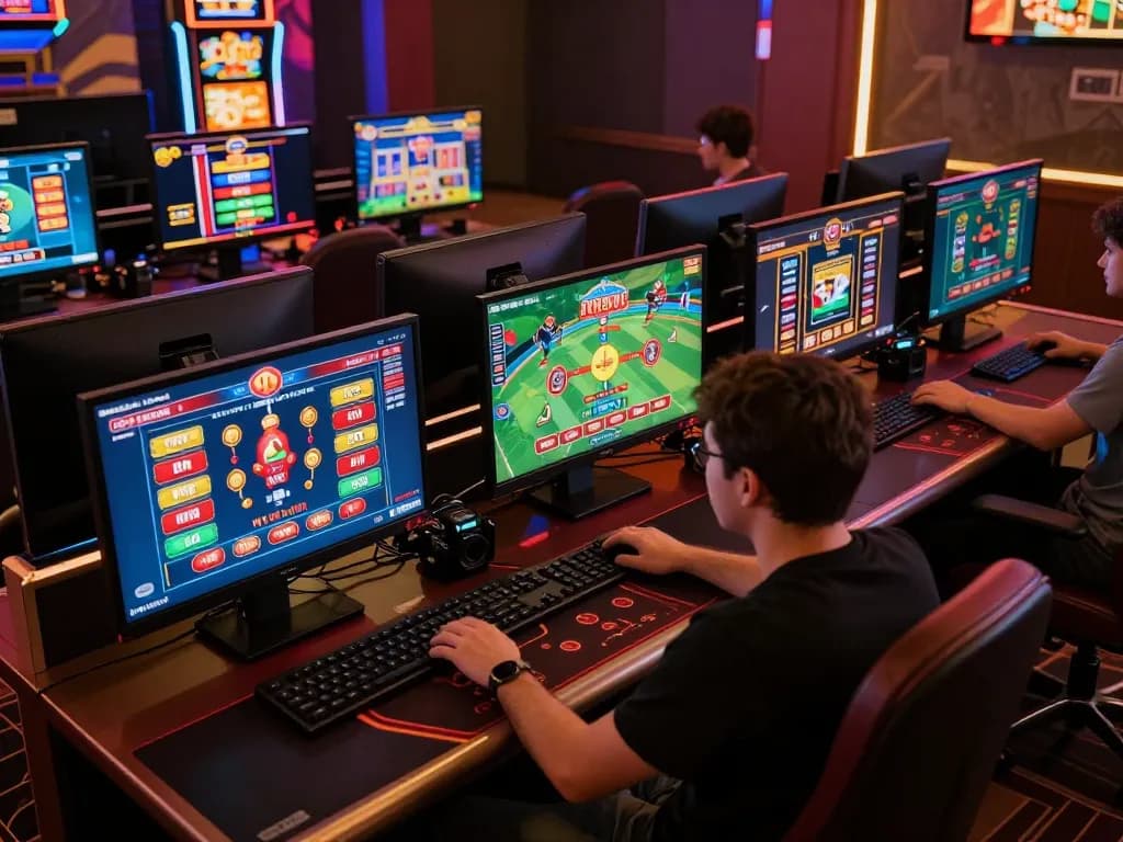 Engaging in online poker and casino games on Fun88 with multiple screens set up for strategic gaming.