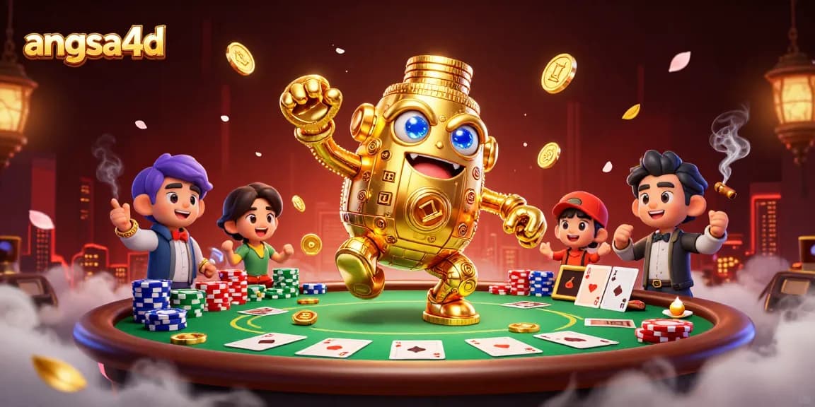 Experience thrilling slots with angsa4d's golden golem amidst vibrant poker action and rich casino elements.