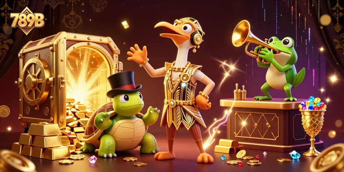 Win big with 789B as vibrant casino characters celebrate surrounded by treasures and games.