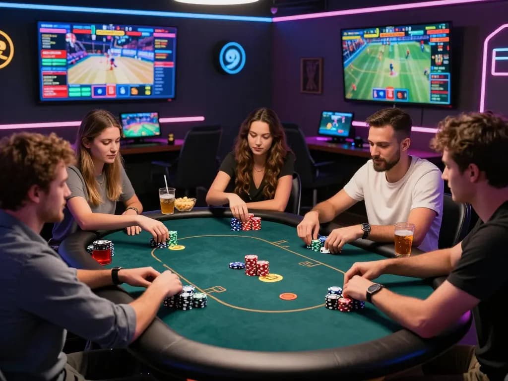 Diverse friends enjoying online poker at a modern virtual casino, embodying the excitement of 23win.com gaming.