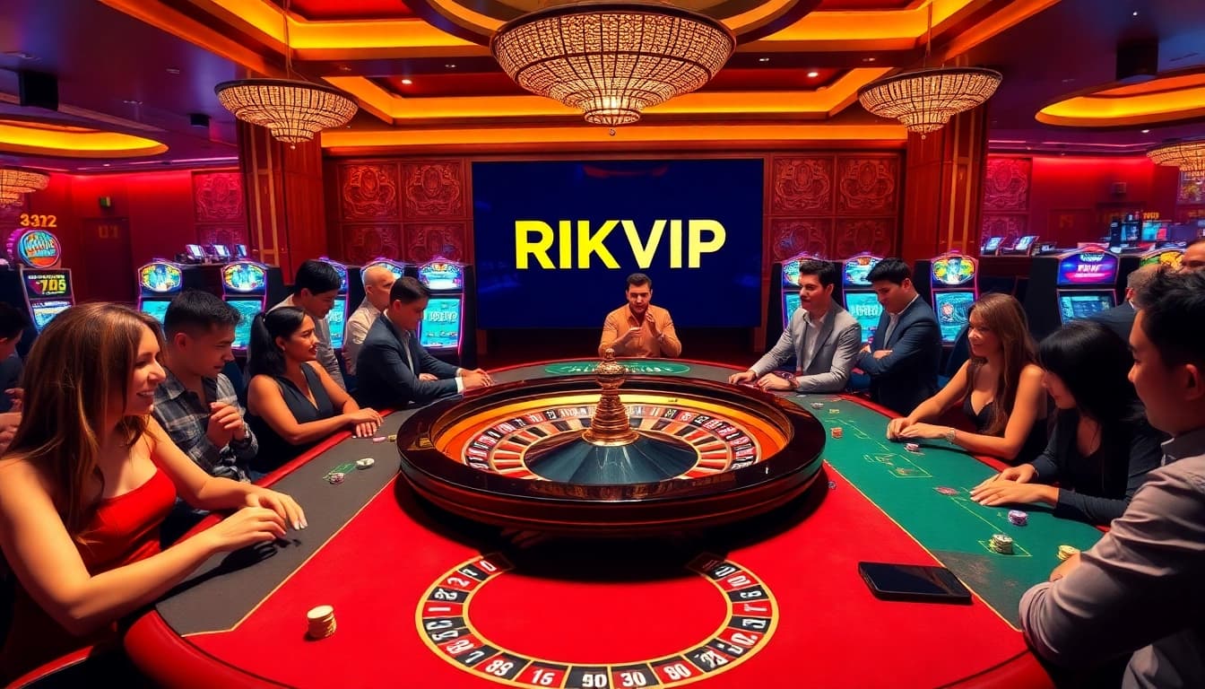 Excited players enjoying top games at RIKVIP casino with vibrant poker chips and roulette.