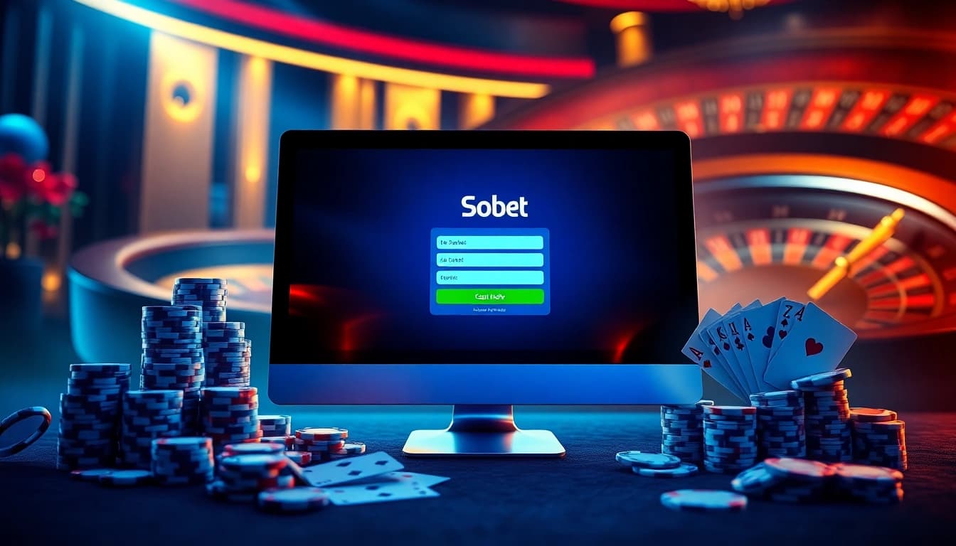 Engaging sbobet login indonesia interface amidst casino elements, showcasing online betting excitement.