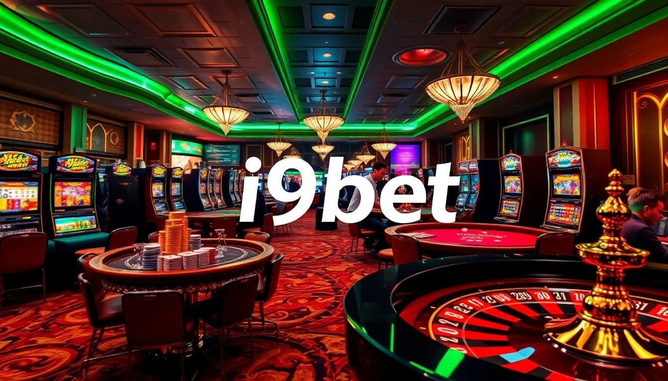Experience the thrill of i9bet with an engaging casino scene, featuring vibrant tables and excited players.
