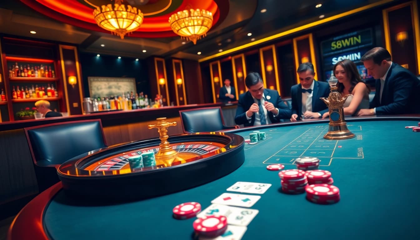 Exciting casino scene showcasing 58WIN poker night with vibrant chips and cards.