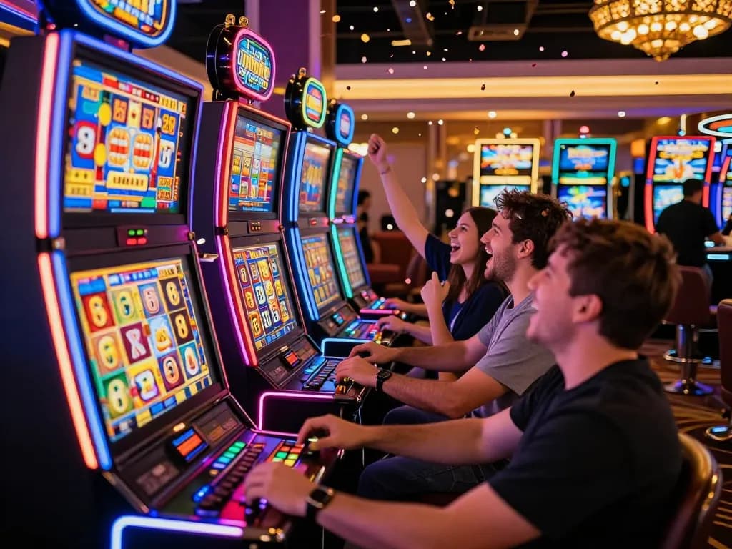 Nohu players celebrating a jackpot win at a colorful slot machine in a lively casino.