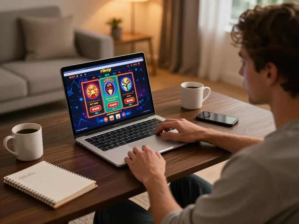 Engaging with the rikvip online casino interface on a stylish laptop in a cozy home setting.