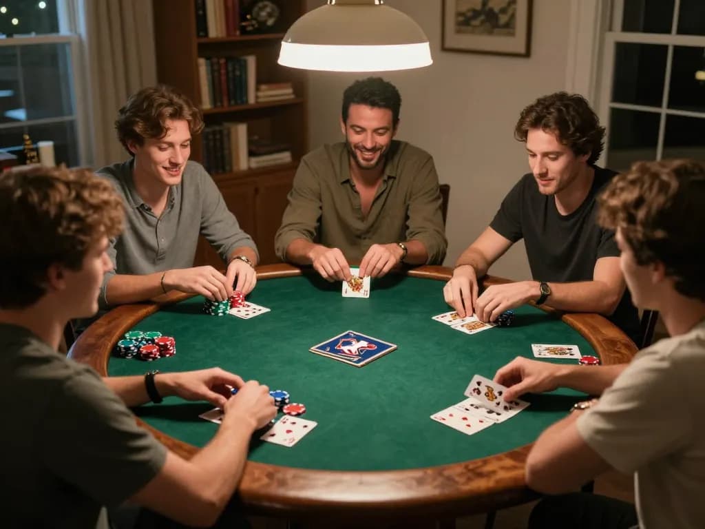LLWIN home poker night scene with friends enjoying Texas Hold'em, highlighting dynamic gameplay.