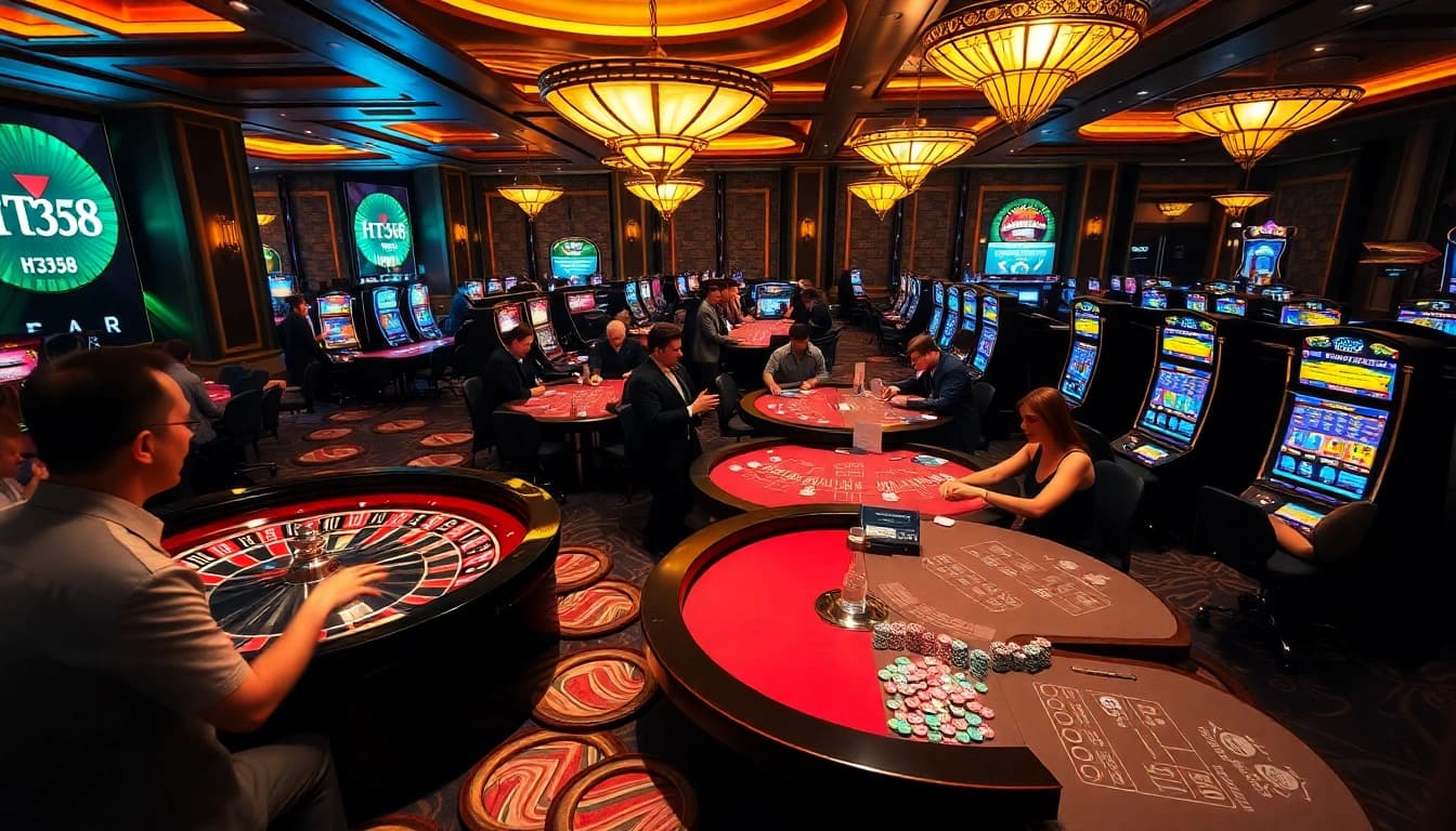 The excitement of gambling at HT368's casino with vibrant tables, roulette, and professional dealers.