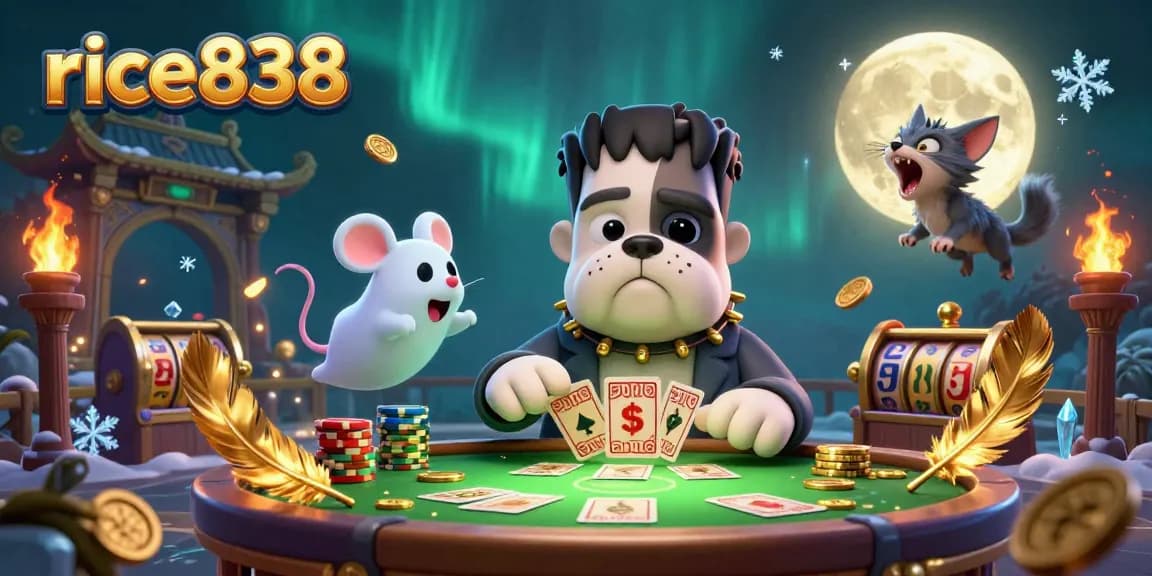 Experience excitement with rice838, a lively casino scene showcasing a Frankenstein bulldog dealing cards with colorful elements.