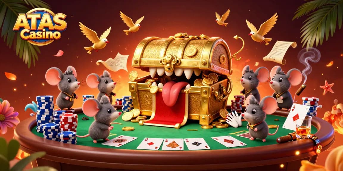 Engaging scene showcasing ATAS Casino with adventurer mice around a golden treasure chest and poker elements.